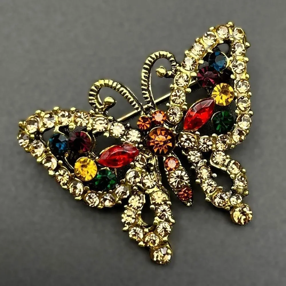 Yellow Gold with Champagne Topaz and Multi Crystal Butterfly Pin Back Brooch